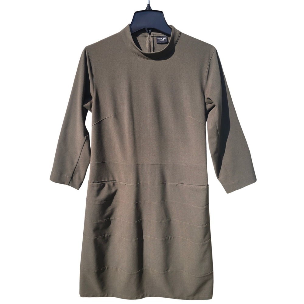 Bitte Kai Rand Olive Green Mock Neck 3/4 Sleeve Shift Dress with Pockets Sz S/M
